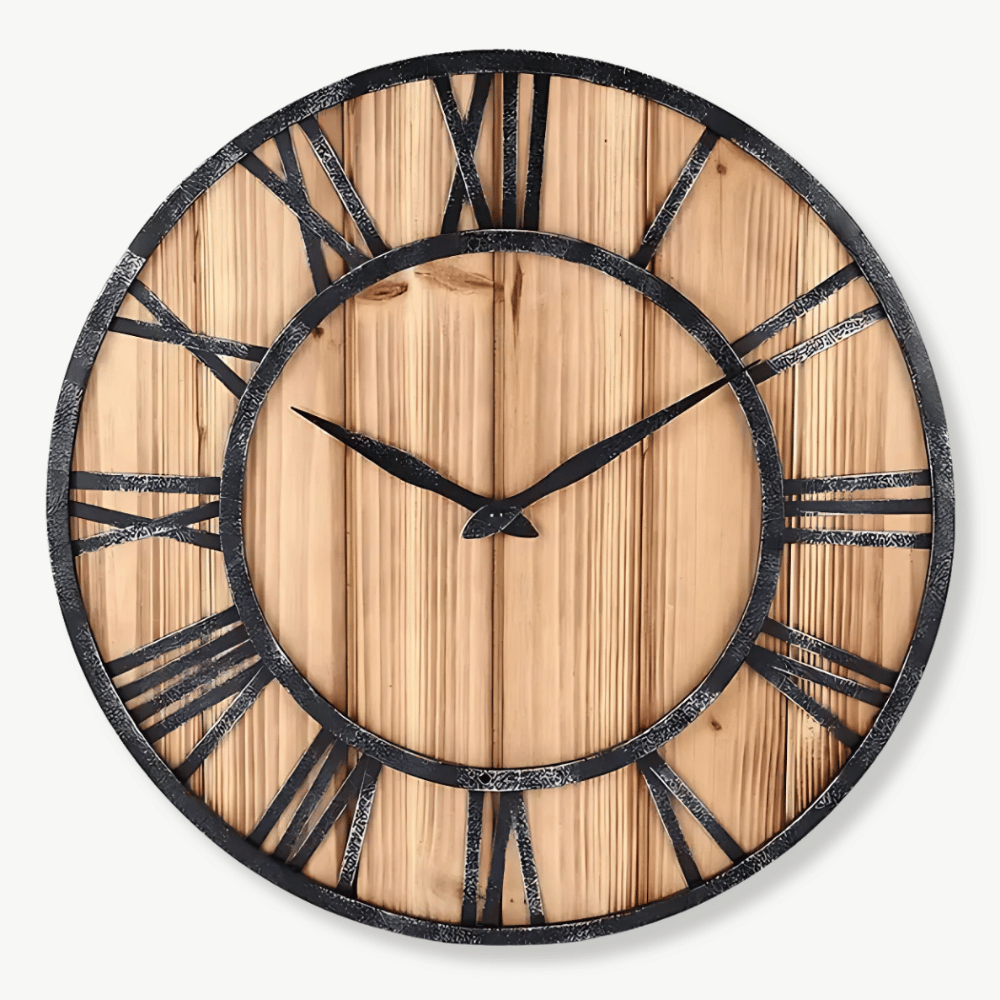 Puu-metalliseinäkello roomalaisnumeroilla